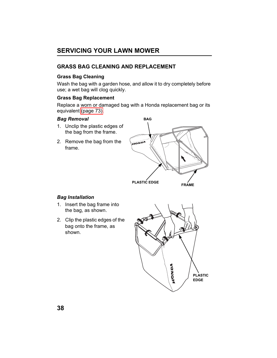 Grass bag cleaning and replacement, Servicing your lawn mower 38 | HONDA HRX217HXA User Manual | Page 40 / 86