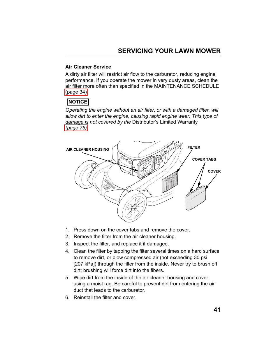 Air cleaner service, Servicing your lawn mower 41 | HONDA HRX217HXA User Manual | Page 43 / 86