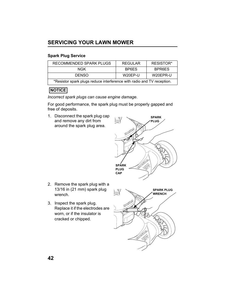 Spark plug service, Servicing your lawn mower 42 | HONDA HRX217HXA User Manual | Page 44 / 86