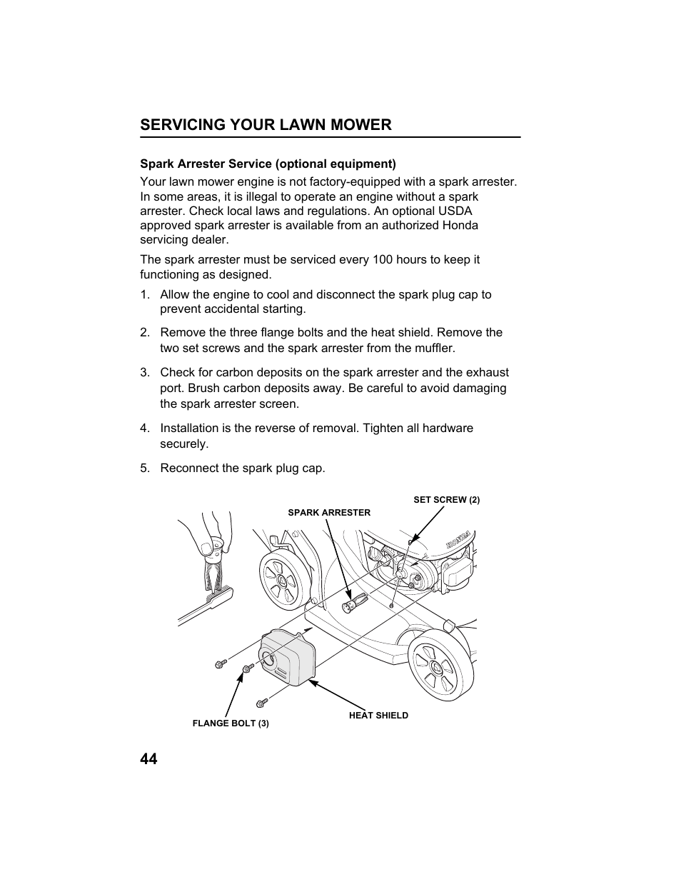 Spark arrester service (optional equipment), Servicing your lawn mower 44 | HONDA HRX217HXA User Manual | Page 46 / 86