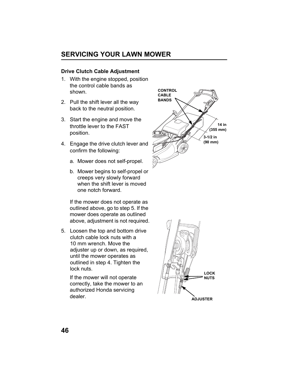 Drive clutch cable adjustment, Servicing your lawn mower 46 | HONDA HRX217HXA User Manual | Page 48 / 86