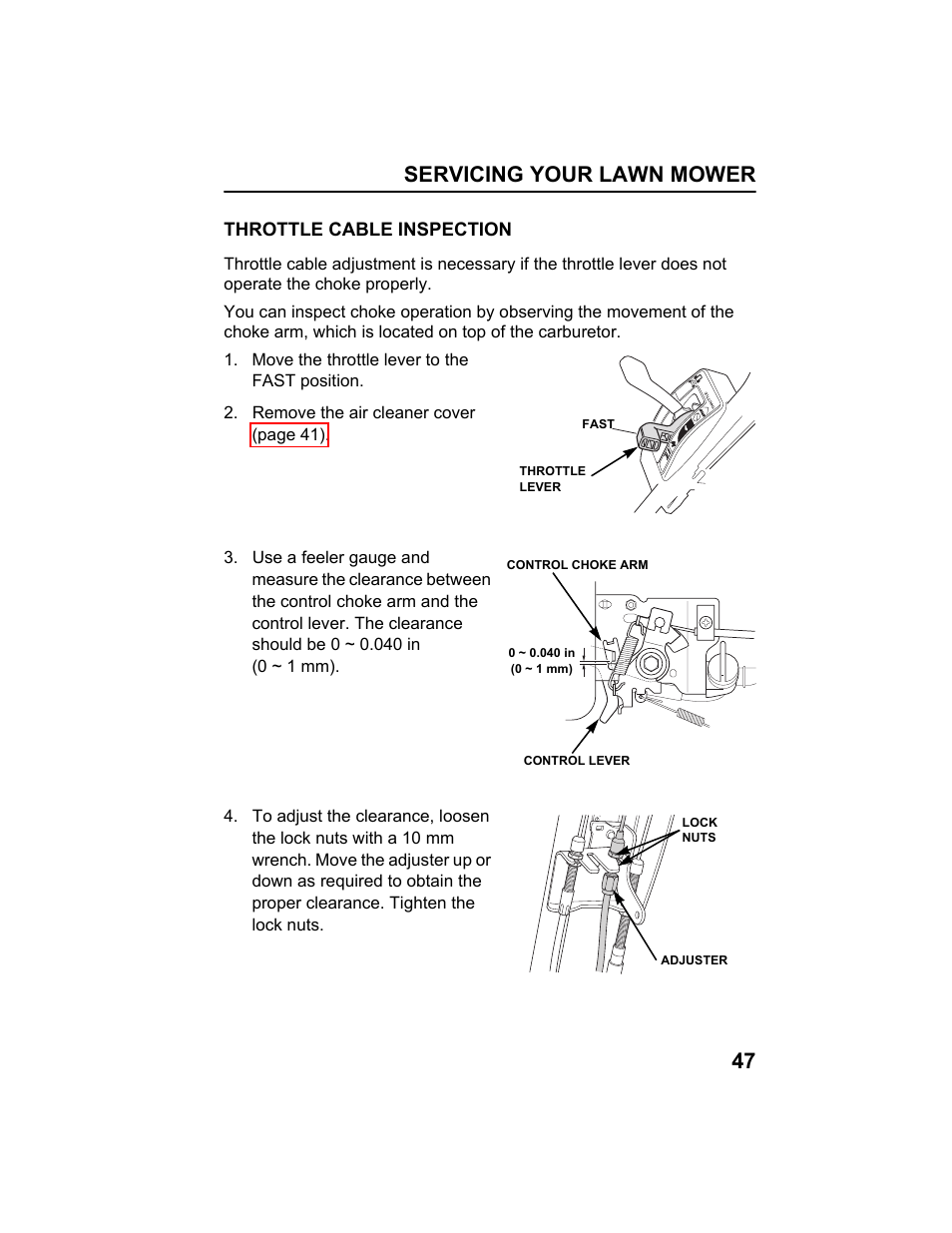 Throttle cable inspection, Servicing your lawn mower 47 | HONDA HRX217HXA User Manual | Page 49 / 86