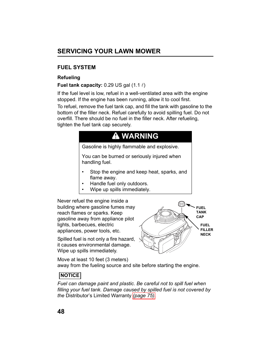 Fuel system, Refueling, Warning | HONDA HRX217HXA User Manual | Page 50 / 86