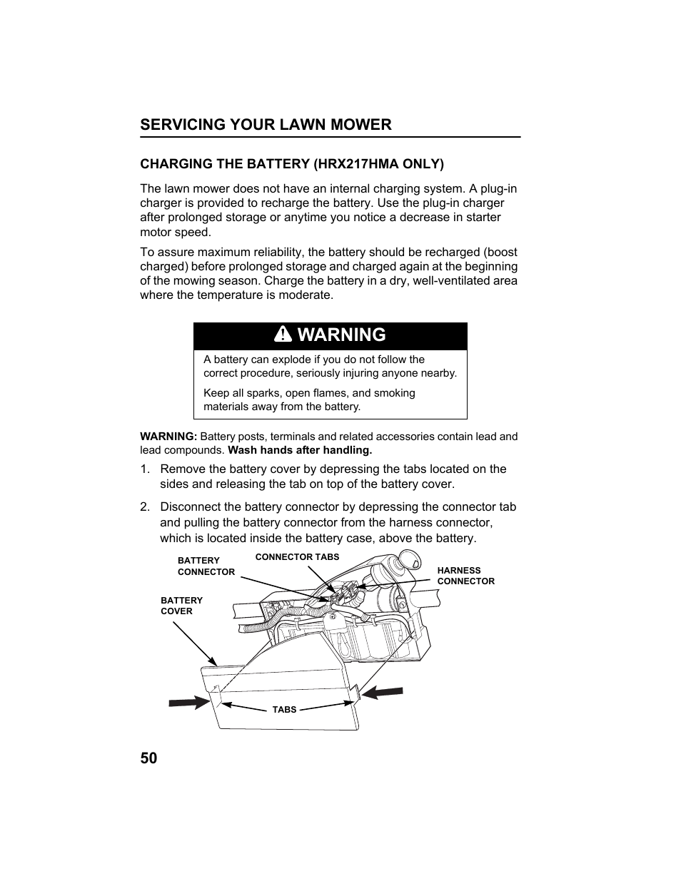 Charging the battery (hma only), Warning, Servicing your lawn mower 50 | HONDA HRX217HXA User Manual | Page 52 / 86