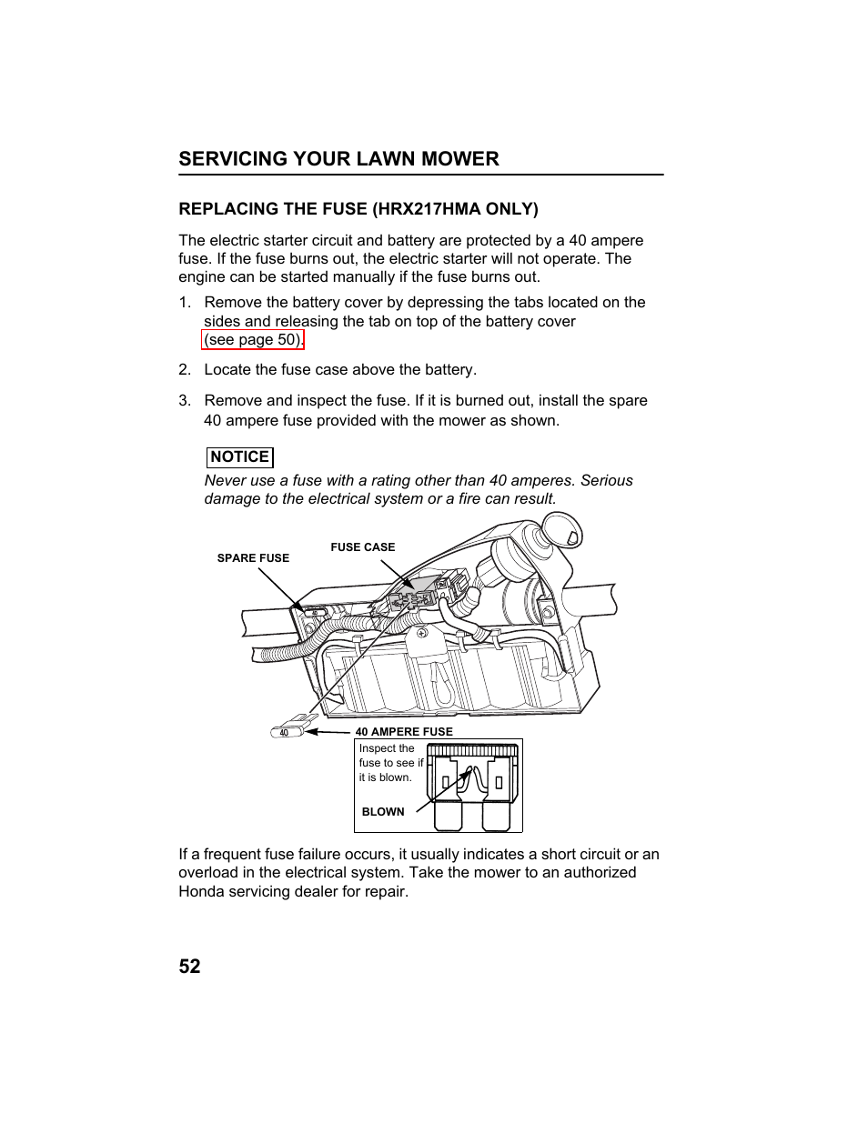 Replacing the fuse (hma only), Servicing your lawn mower 52, Replacing the fuse (hrx217hma only) | HONDA HRX217HXA User Manual | Page 54 / 86