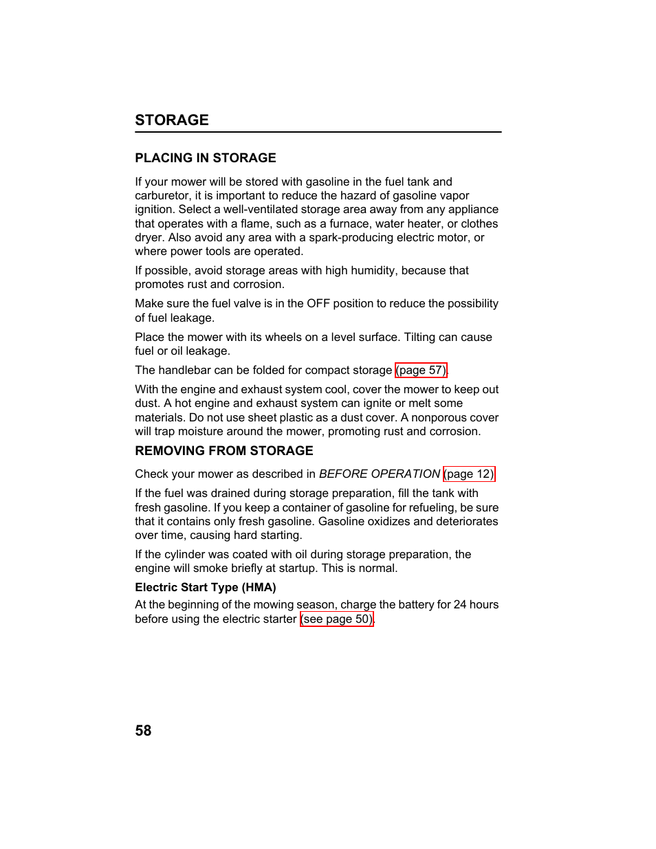 Placing in storage, Removing from storage | HONDA HRX217HXA User Manual | Page 60 / 86