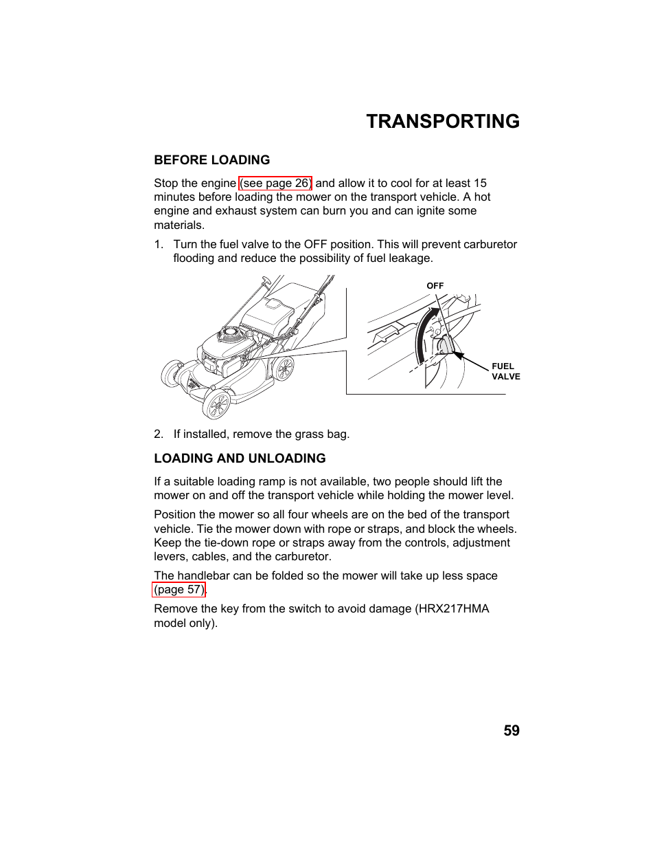 Transporting, Before loading, Loading and unloading | HONDA HRX217HXA User Manual | Page 61 / 86