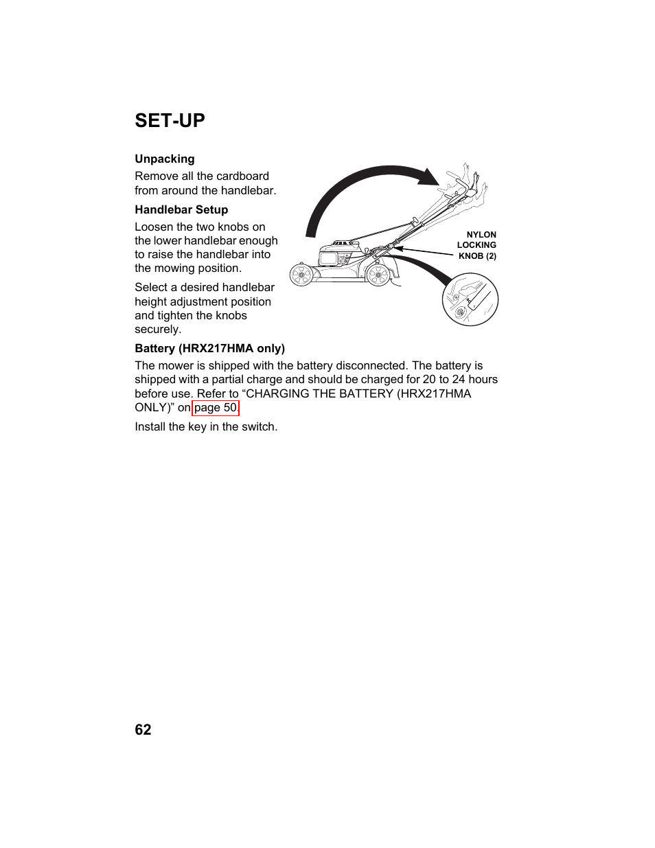 Set-up, Unpacking, Handlebar setup | Battery (hma only) | HONDA HRX217HXA User Manual | Page 64 / 86