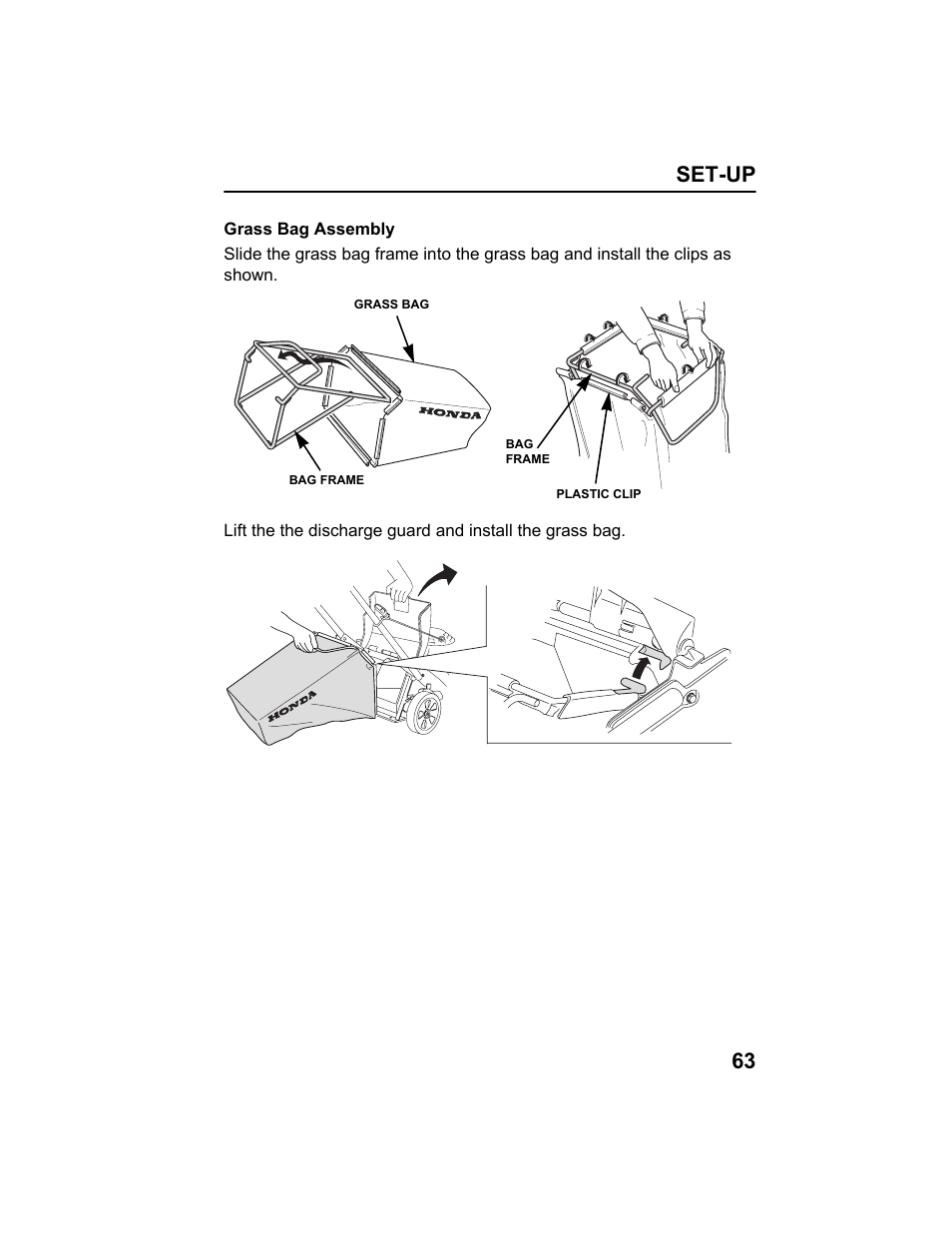 Grass bag assembly, Set-up 63 | HONDA HRX217HXA User Manual | Page 65 / 86