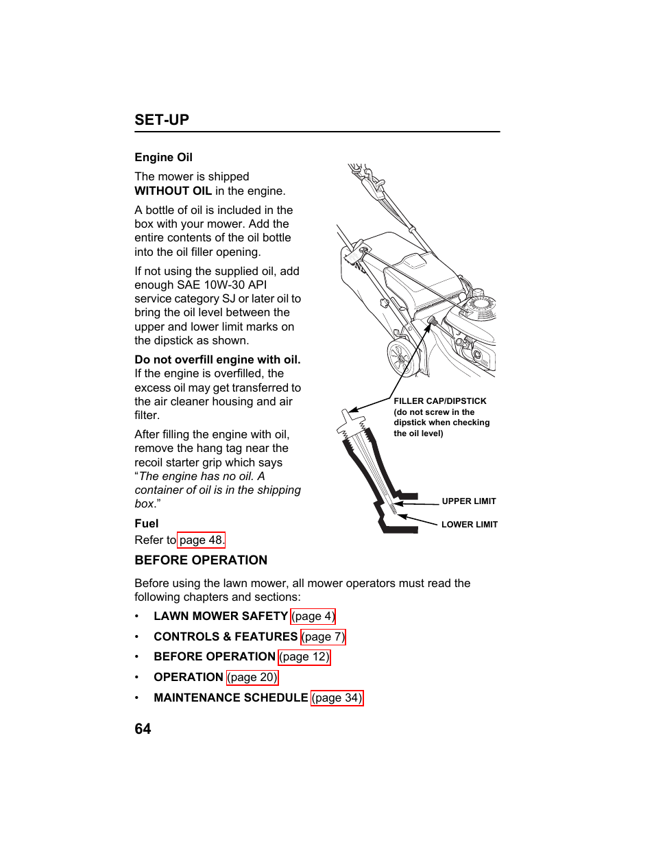 Engine oil, Fuel, Before operation | Set-up 64 | HONDA HRX217HXA User Manual | Page 66 / 86