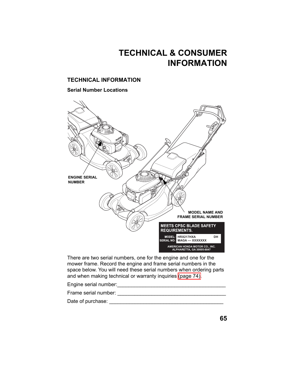 Technical & consumer information, Technical information, Serial number locations | HONDA HRX217HXA User Manual | Page 67 / 86