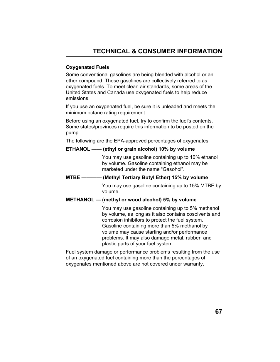 Oxygenated fuels | HONDA HRX217HXA User Manual | Page 69 / 86