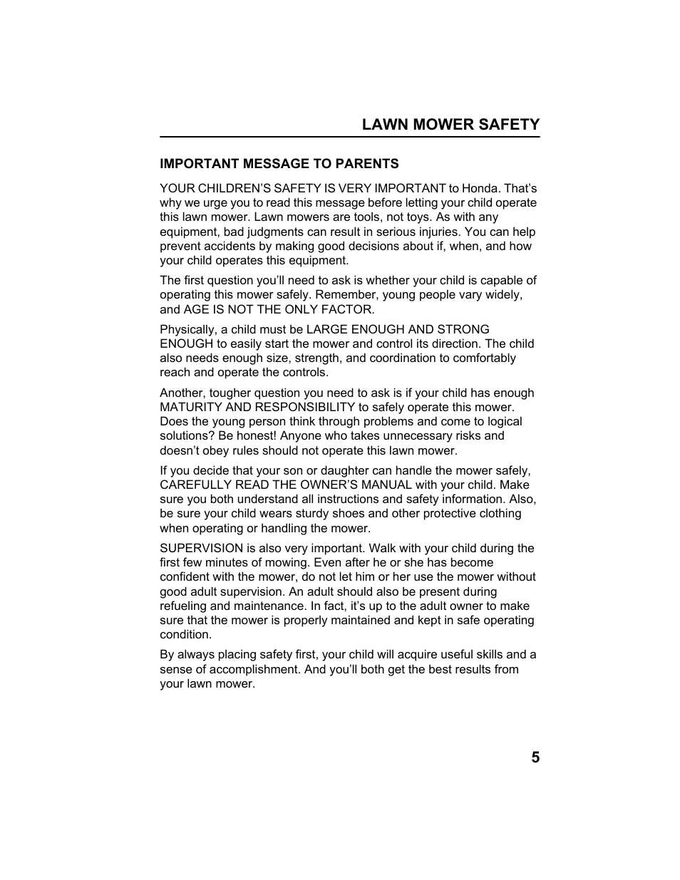 Important message to parents | HONDA HRX217HXA User Manual | Page 7 / 86