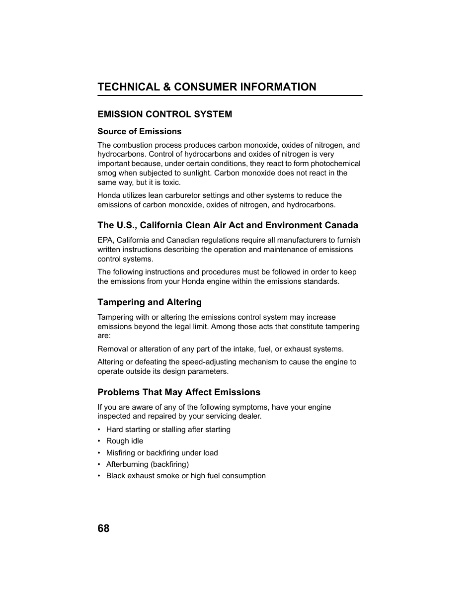 Emission control system, Technical & consumer information 68 | HONDA HRX217HXA User Manual | Page 70 / 86