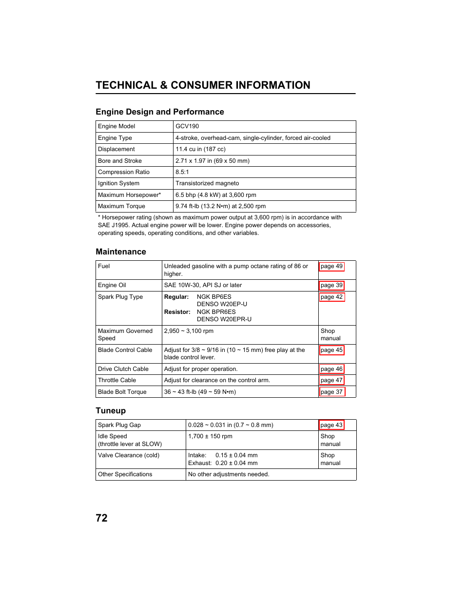 Technical & consumer information 72, Engine design and performance maintenance tuneup | HONDA HRX217HXA User Manual | Page 74 / 86