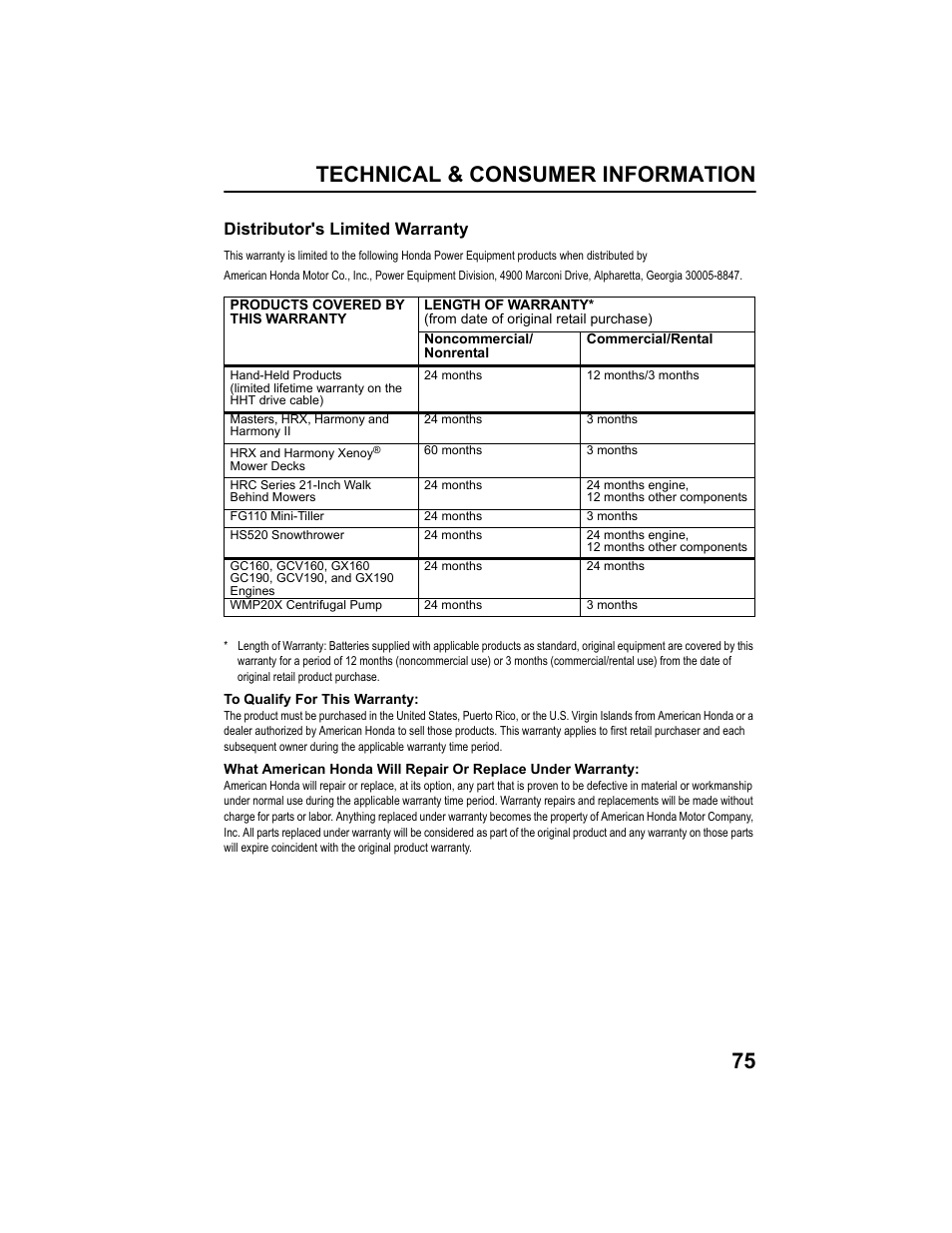 Distributor's limited warranty, Technical & consumer information 75 | HONDA HRX217HXA User Manual | Page 77 / 86