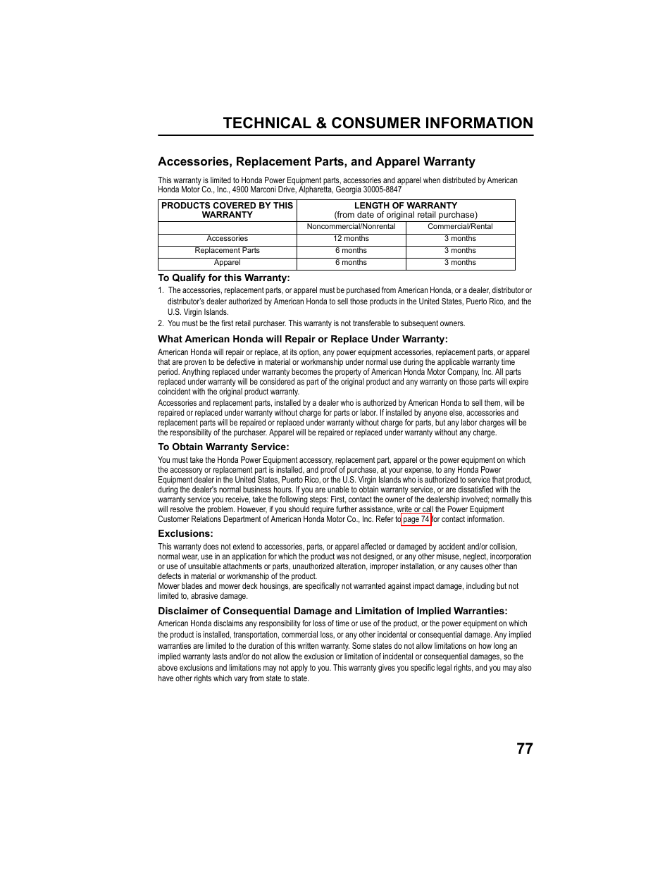 Technical & consumer information 77 | HONDA HRX217HXA User Manual | Page 79 / 86