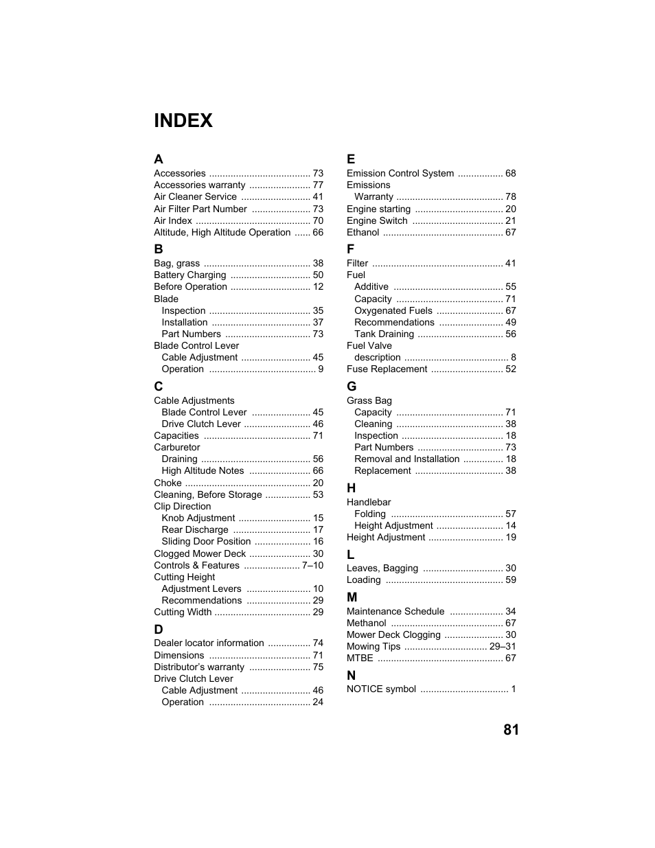 Index | HONDA HRX217HXA User Manual | Page 83 / 86