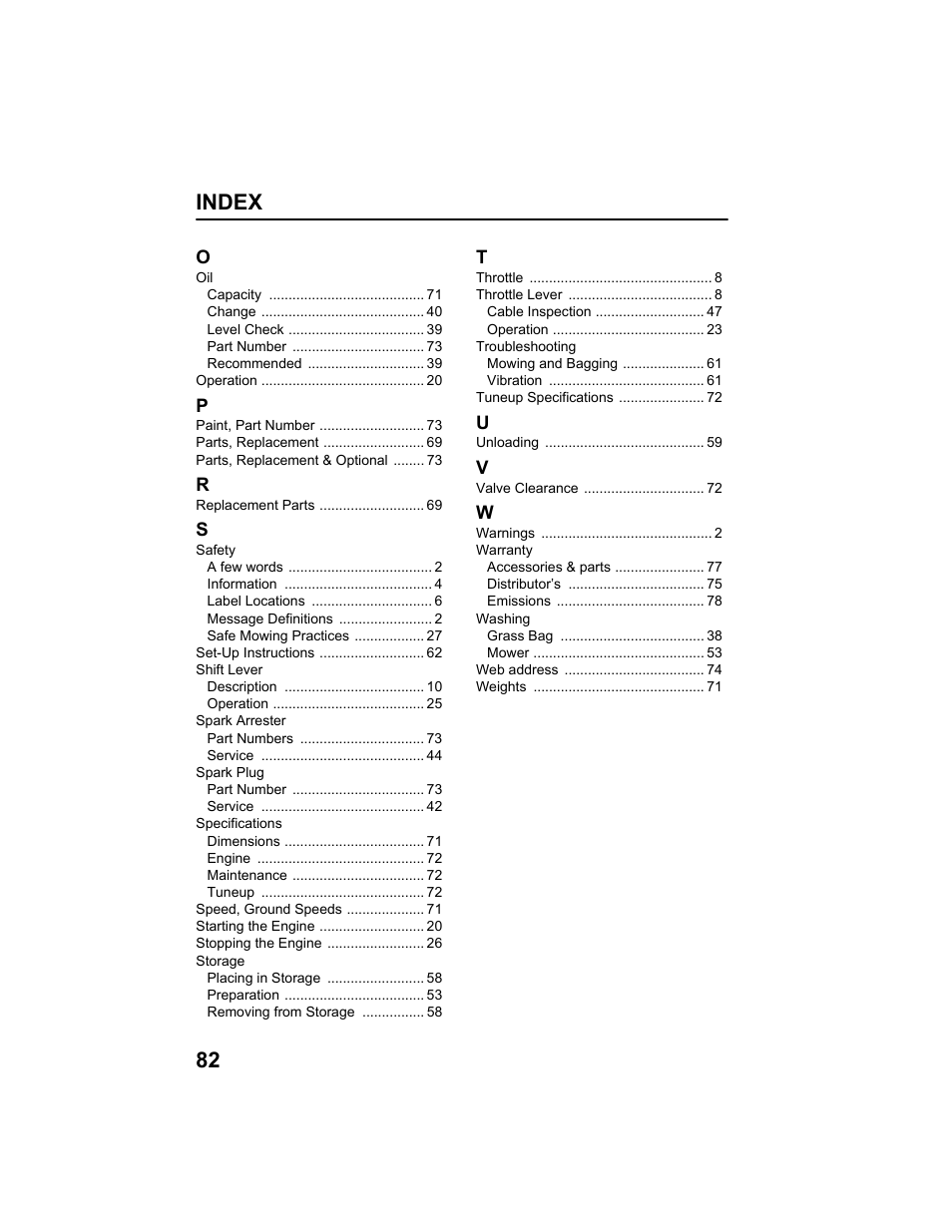 Index 82 | HONDA HRX217HXA User Manual | Page 84 / 86