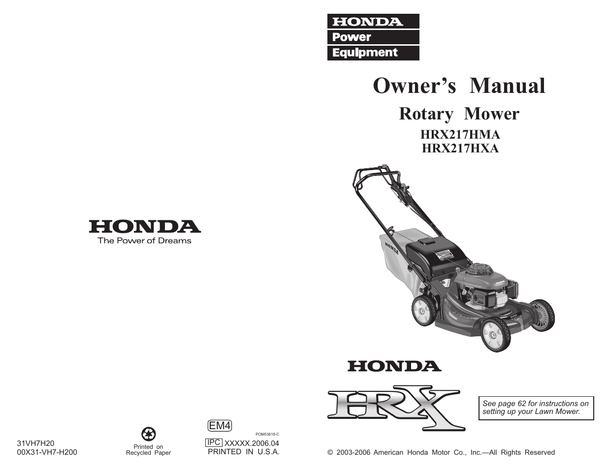 Owner’s manual, Rotary mower | HONDA HRX217HXA User Manual | Page 86 / 86