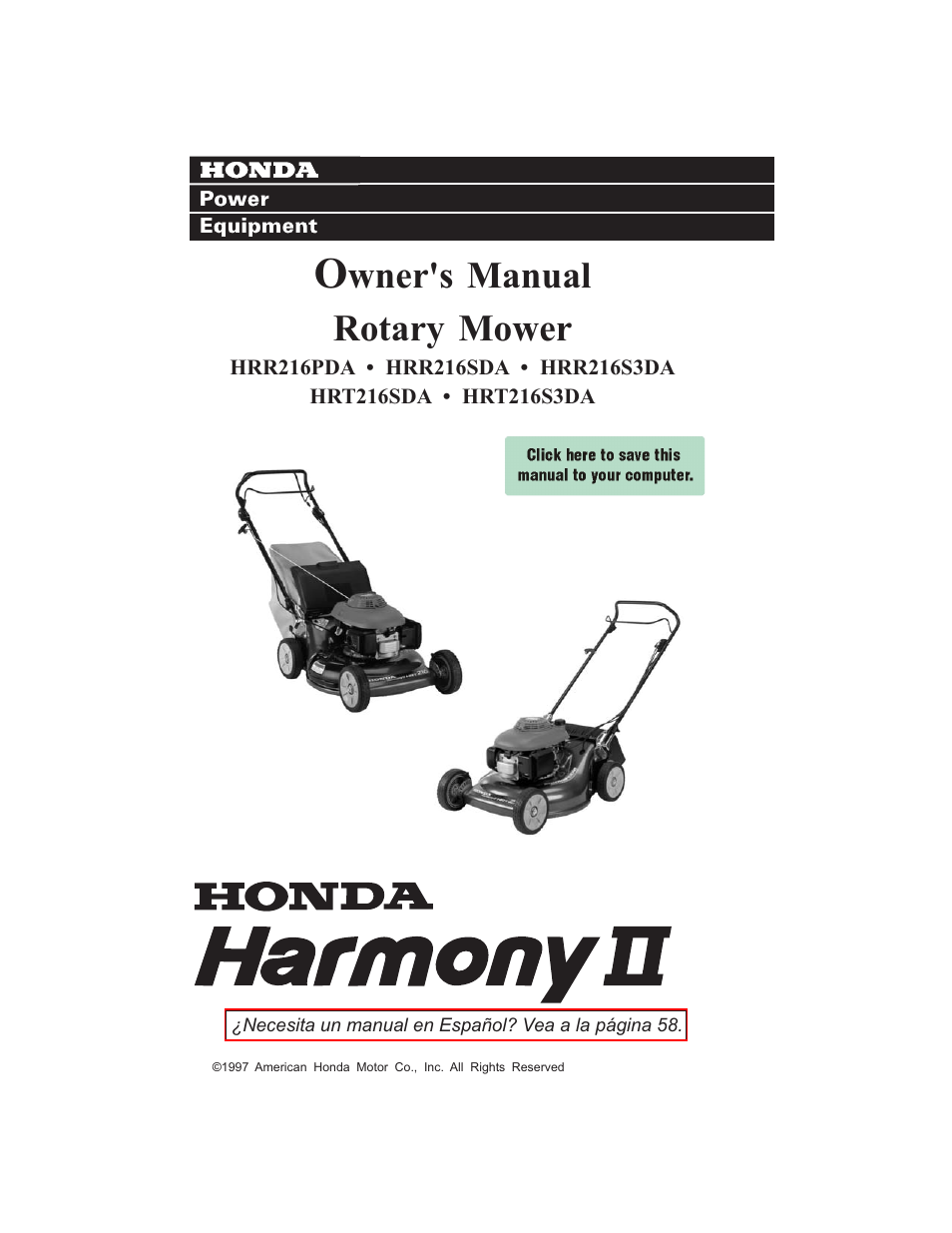 HONDA HRR216S3DA User Manual | 66 pages