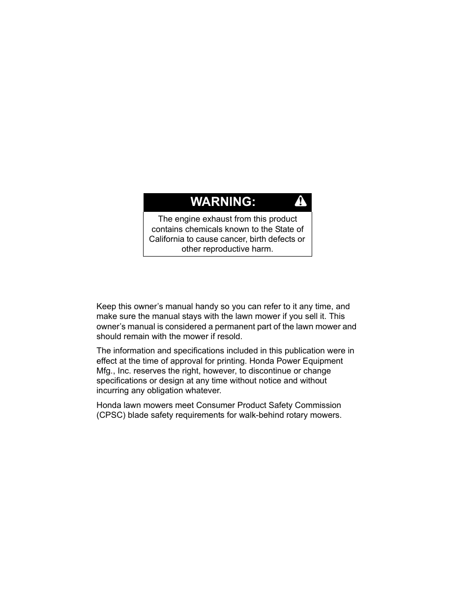 Warning | HONDA HRR216S3DA User Manual | Page 2 / 66