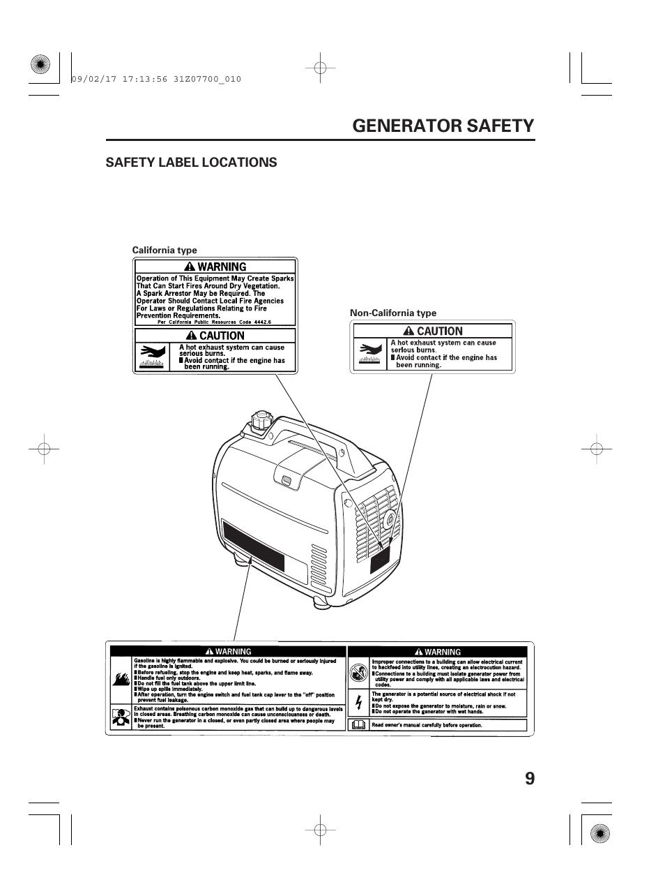 Safety label locations, 9generator safety | HONDA GENERATOR EU2000i User Manual | Page 11 / 92