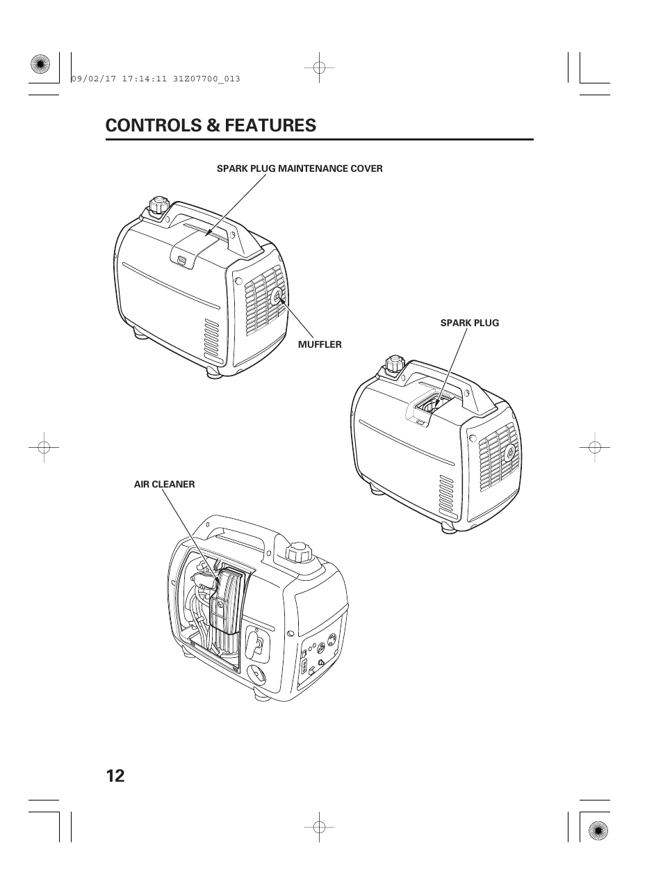 12 controls & features | HONDA GENERATOR EU2000i User Manual | Page 14 / 92