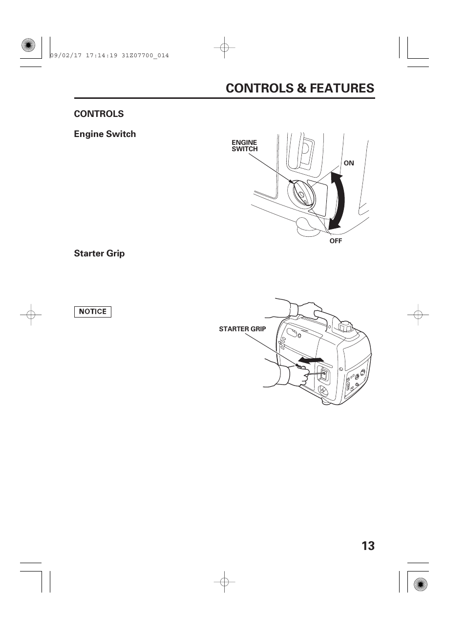 Controls, Engine switch, Starter grip | 13 controls & features | HONDA GENERATOR EU2000i User Manual | Page 15 / 92