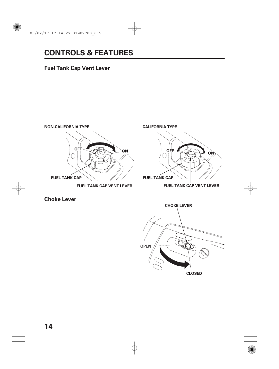 Fuel tank cap vent lever, Choke lever, 14 controls & features | Fuel tank cap vent lever choke lever | HONDA GENERATOR EU2000i User Manual | Page 16 / 92