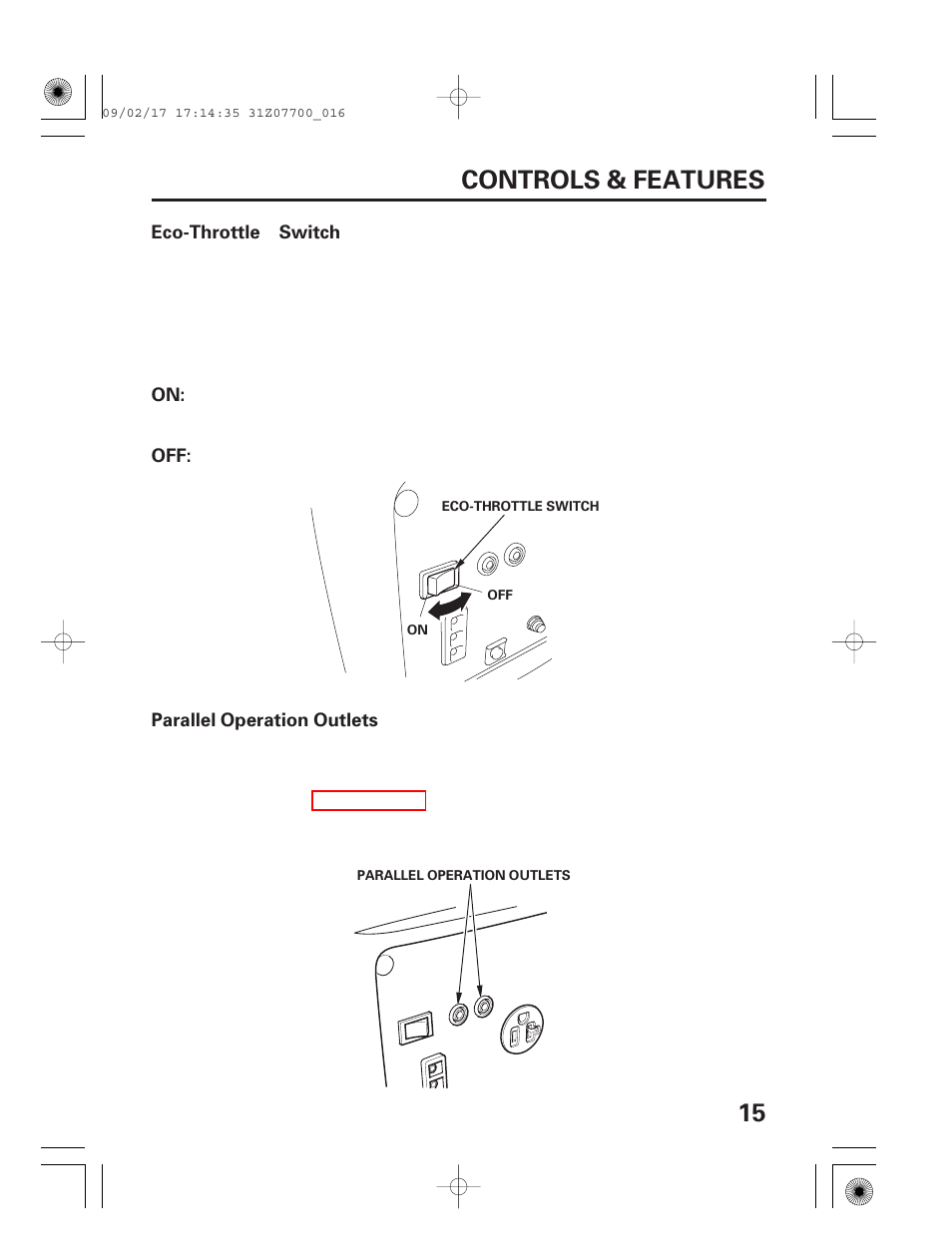 Eco-throttle™ switch, Parallel operation outlets, 15 controls & features | HONDA GENERATOR EU2000i User Manual | Page 17 / 92