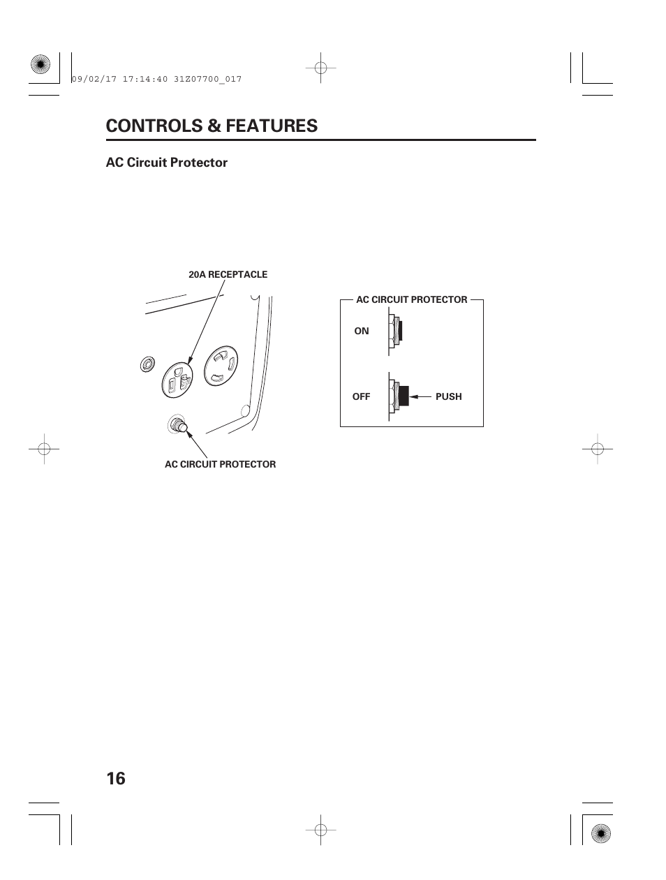 Ac circuit protector, 16 controls & features | HONDA GENERATOR EU2000i User Manual | Page 18 / 92