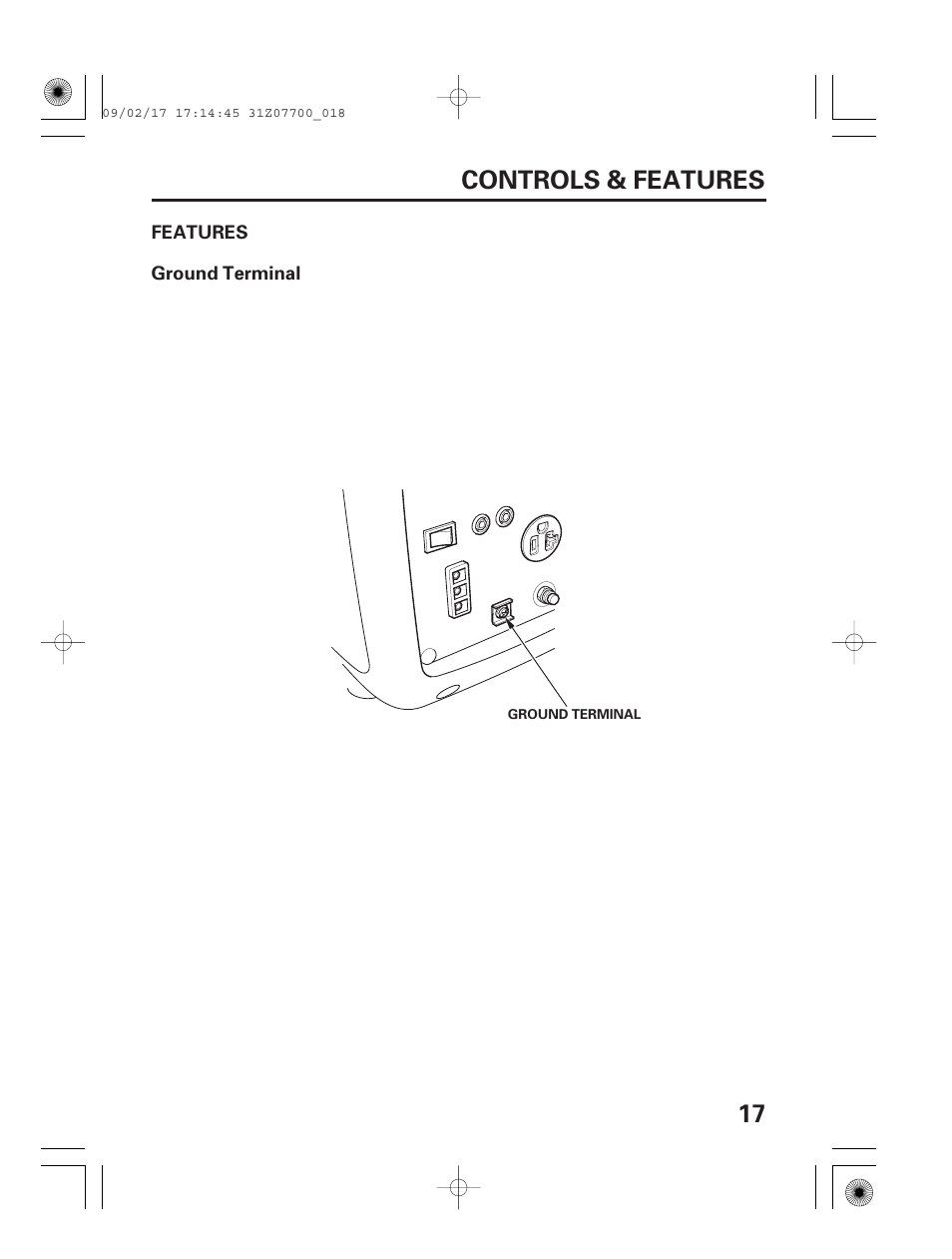 Features, Ground terminal, 17 controls & features | HONDA GENERATOR EU2000i User Manual | Page 19 / 92