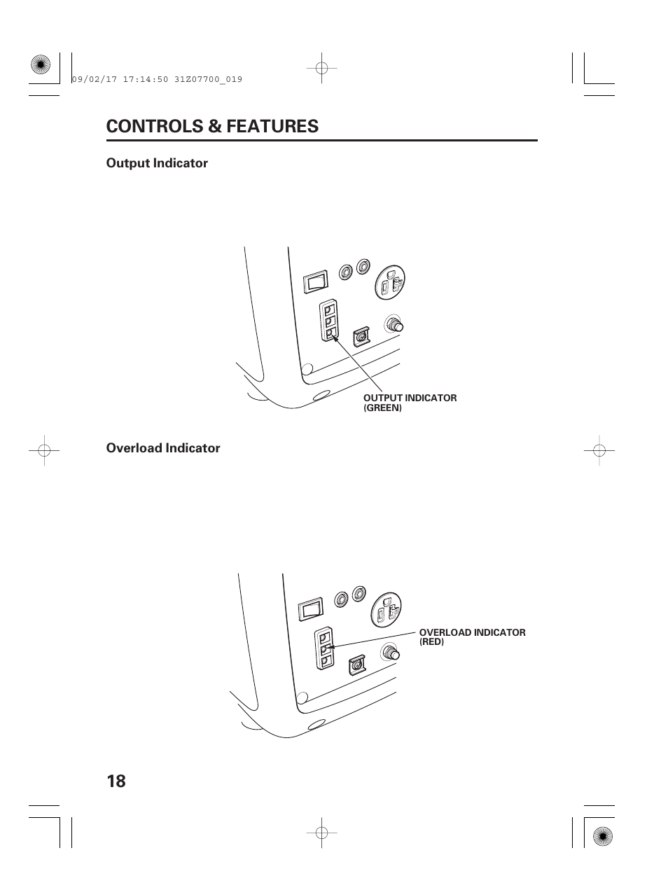 Output indicator, Overload indicator, 18 controls & features | HONDA GENERATOR EU2000i User Manual | Page 20 / 92