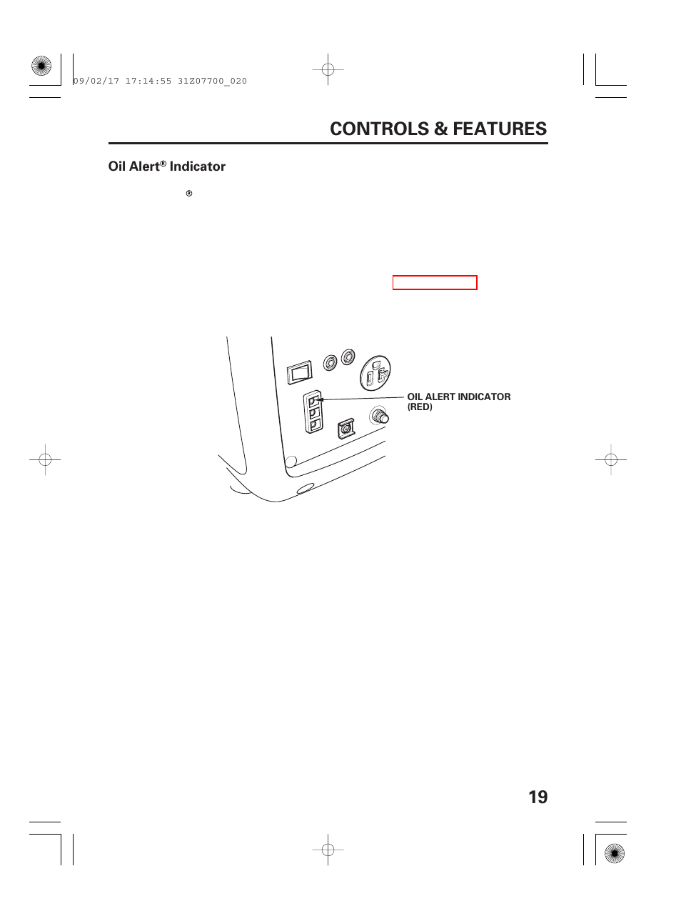 Oil alert® indicator, 19 controls & features | HONDA GENERATOR EU2000i User Manual | Page 21 / 92