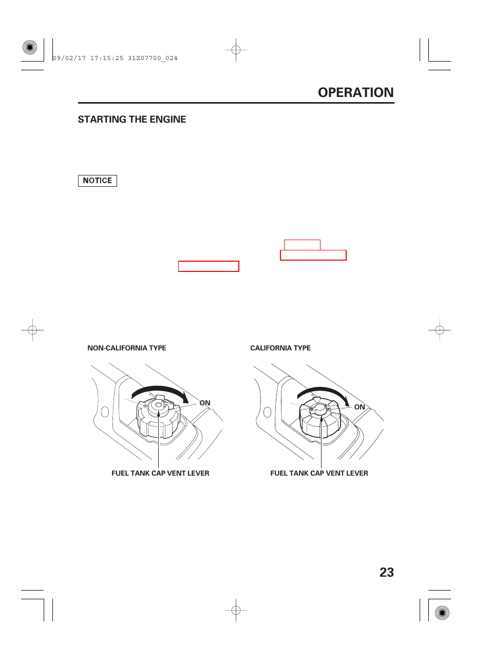 Starting the engine, 23 operation | HONDA GENERATOR EU2000i User Manual | Page 25 / 92