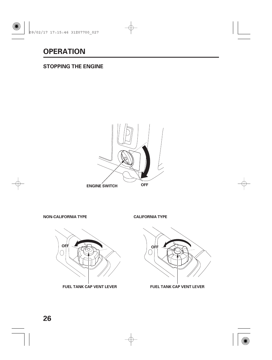 Stopping the engine, 26 operation | HONDA GENERATOR EU2000i User Manual | Page 28 / 92