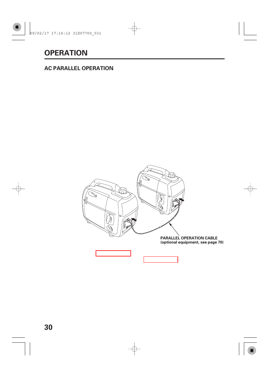 Ac parallel operation, 30 operation | HONDA GENERATOR EU2000i User Manual | Page 32 / 92