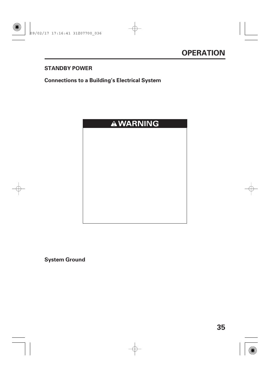 Standby power, Connections to a building's electrical system, System ground | 35 operation | HONDA GENERATOR EU2000i User Manual | Page 37 / 92