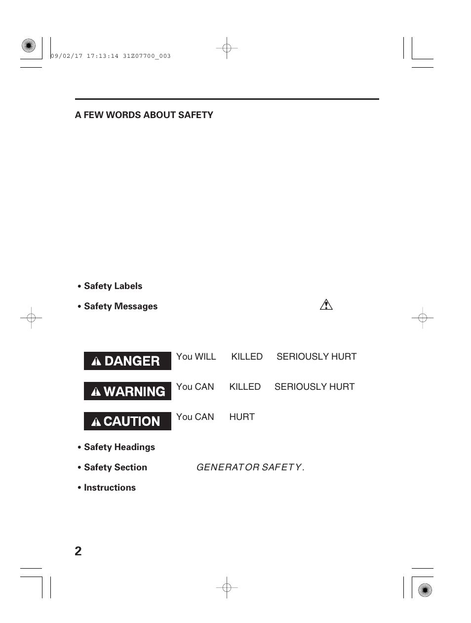 A few words about safety | HONDA GENERATOR EU2000i User Manual | Page 4 / 92