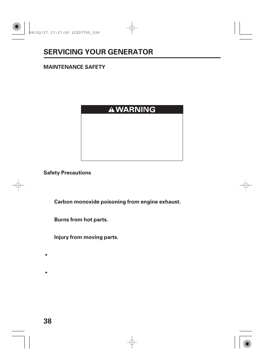Maintenance safety, 38 servicing your generator | HONDA GENERATOR EU2000i User Manual | Page 40 / 92