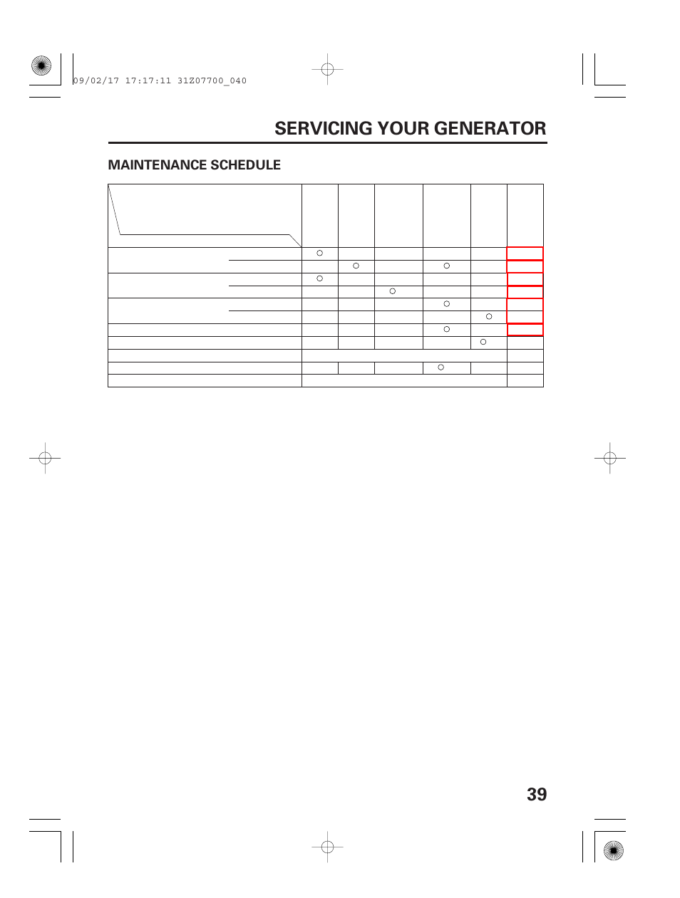 Maintenance schedule, 39 servicing your generator | HONDA GENERATOR EU2000i User Manual | Page 41 / 92