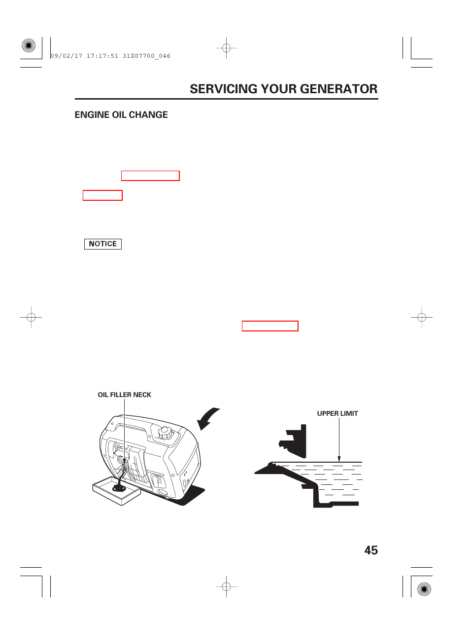 Engine oil change, 45 servicing your generator | HONDA GENERATOR EU2000i User Manual | Page 47 / 92