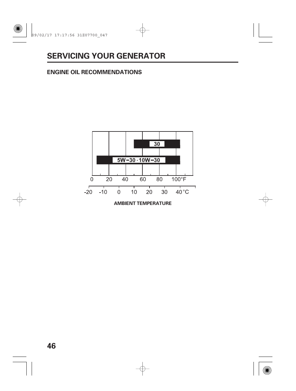 Engine oil recommendations, 46 servicing your generator | HONDA GENERATOR EU2000i User Manual | Page 48 / 92