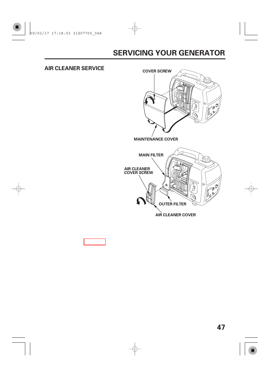 Air cleaner service, 47 servicing your generator | HONDA GENERATOR EU2000i User Manual | Page 49 / 92