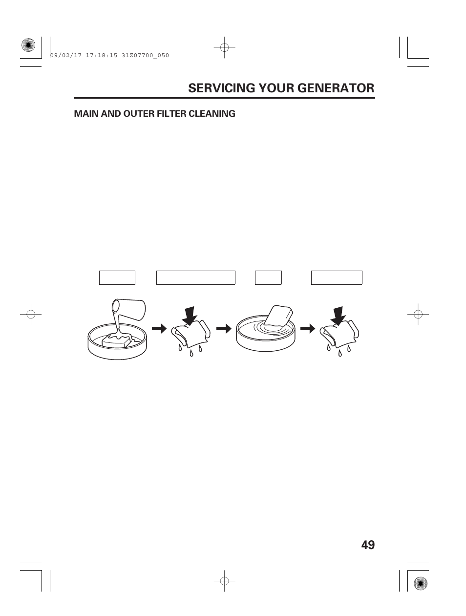 Main and outer filter cleaning, 49 servicing your generator | HONDA GENERATOR EU2000i User Manual | Page 51 / 92