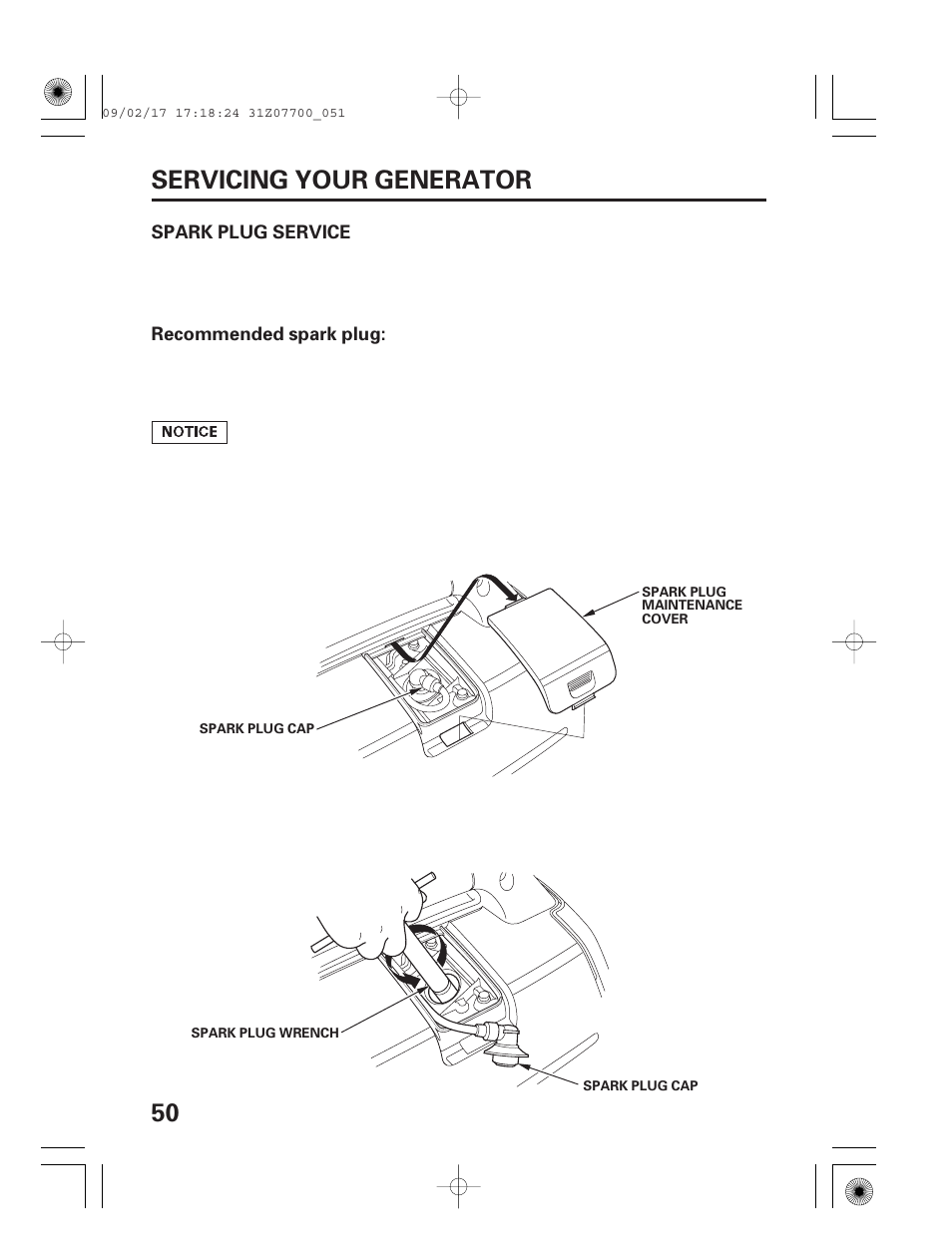 Spark plug service, 50 servicing your generator | HONDA GENERATOR EU2000i User Manual | Page 52 / 92