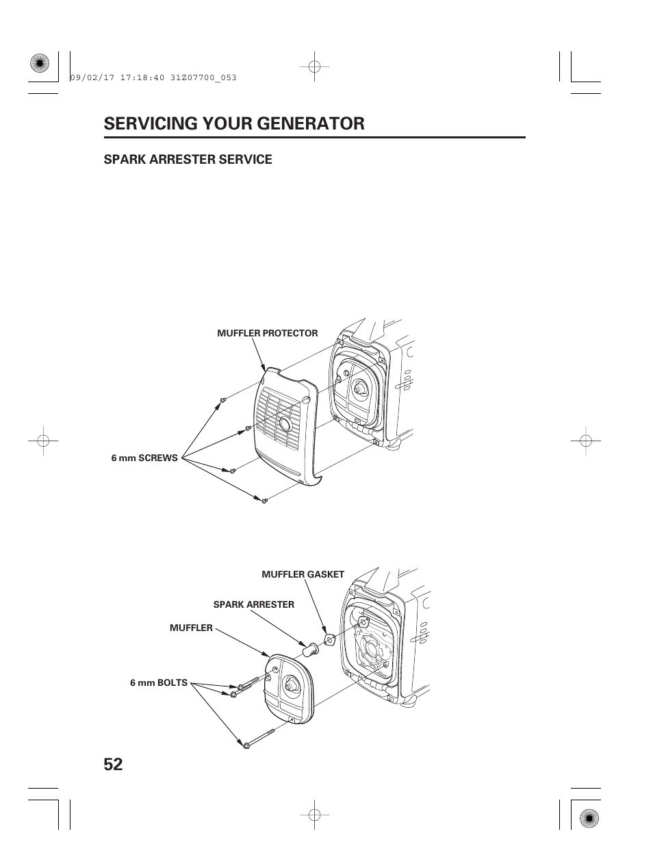 Spark arrester service, 52 servicing your generator | HONDA GENERATOR EU2000i User Manual | Page 54 / 92