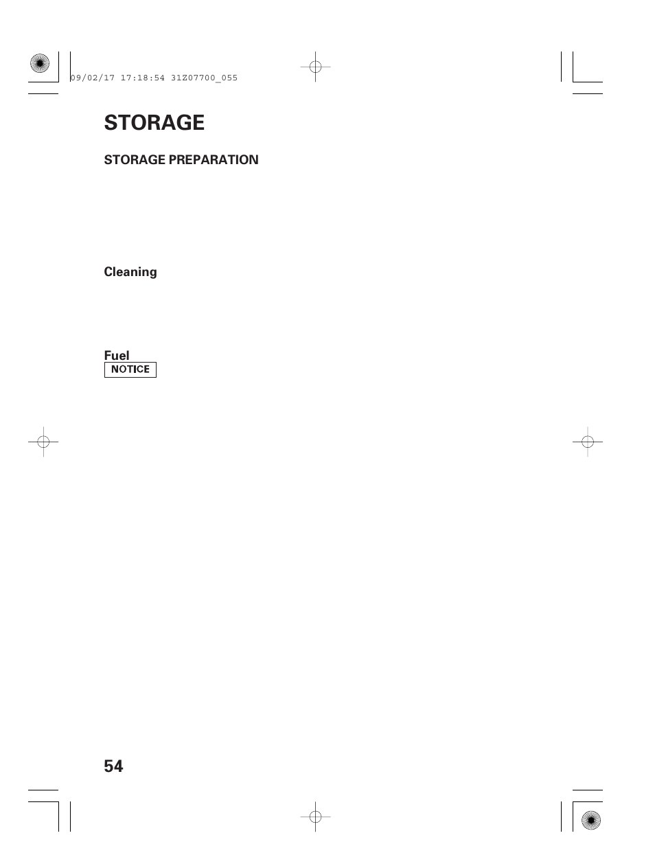 Storage, Storage preparation, Cleaning | Fuel | HONDA GENERATOR EU2000i User Manual | Page 56 / 92