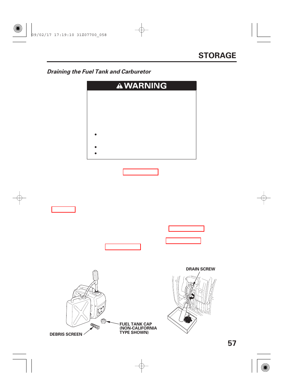 57 storage | HONDA GENERATOR EU2000i User Manual | Page 59 / 92